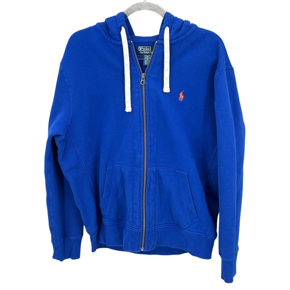 Polo Ralph Lauren Hoodie Mens Large Blue Full Zip Fleece Pony Logo Casual Cotton - Picture 1 of 8